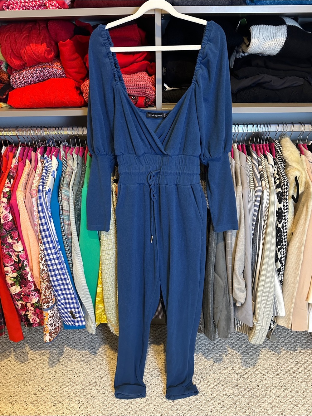 Lavish Lounge blue long sleeve elastic waistband skinny leg jumpsuit size 4